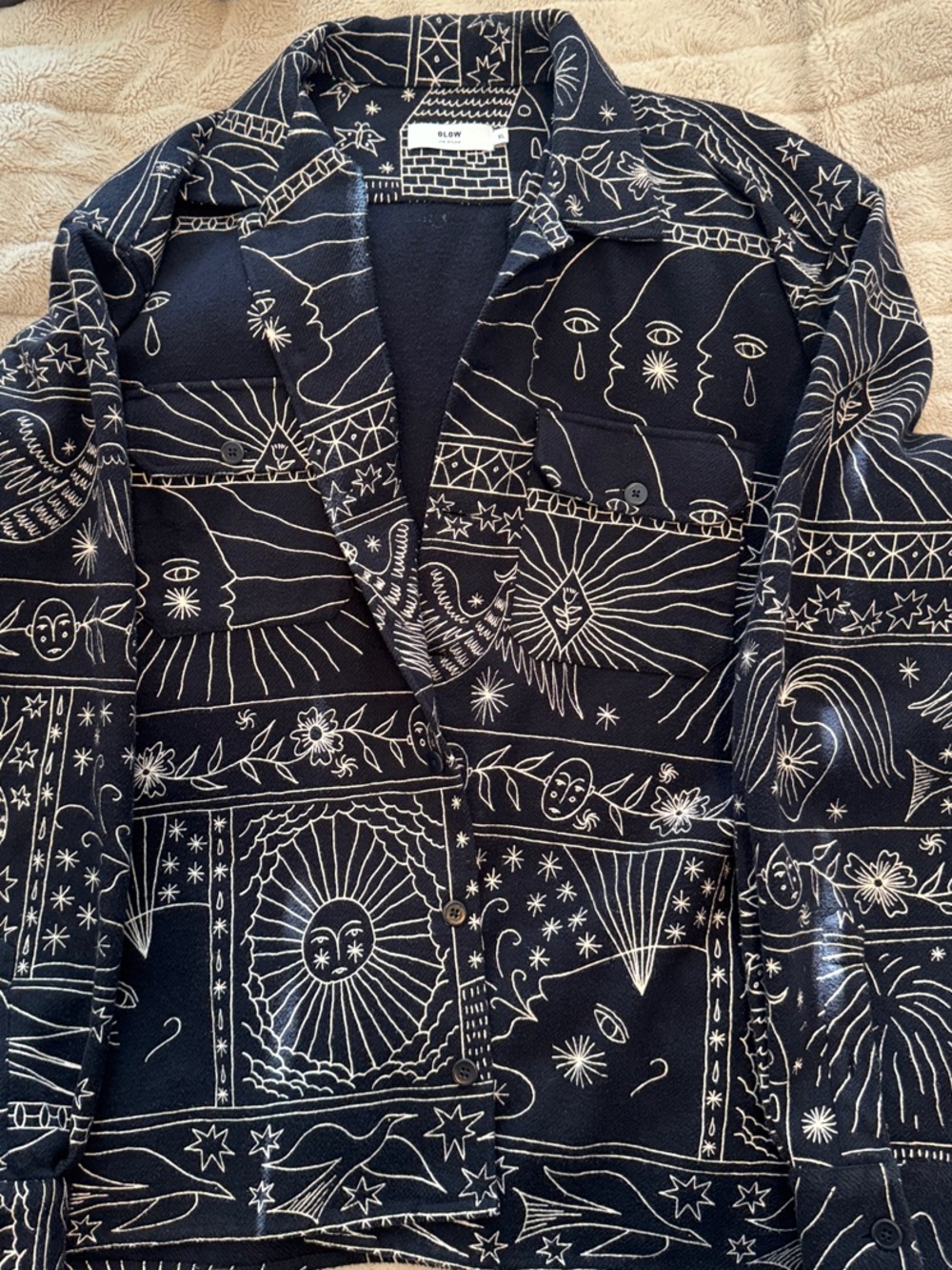 OLOW Men Nightless Overshirt Graphic Button-Front with Cream Celestial Print